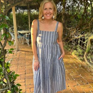 Lydia Shirred Back Midi Dress - Navy Stripe